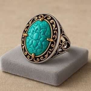 Carolyn Pollack Carved Turquoise Sterling Bronze Artisan Relios Ring EUC 9 #320